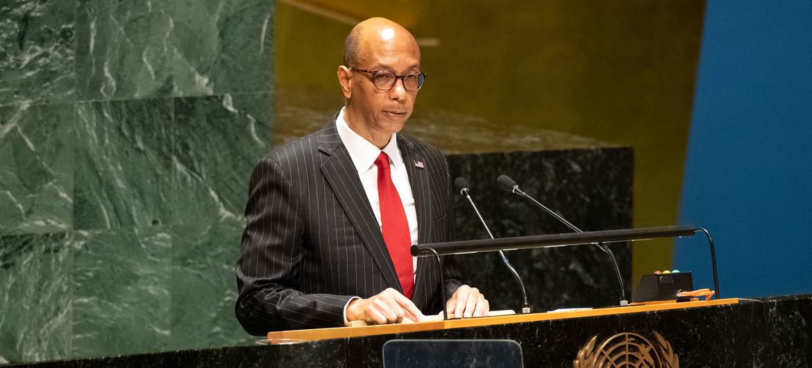 Deputy Permanent Representative Robert A. Wood of the United States, addresses the UN General Assembly plenary meeting on Russia’s use of its veto to quash a draft resolution aimed at keeping weapons out of outer space.